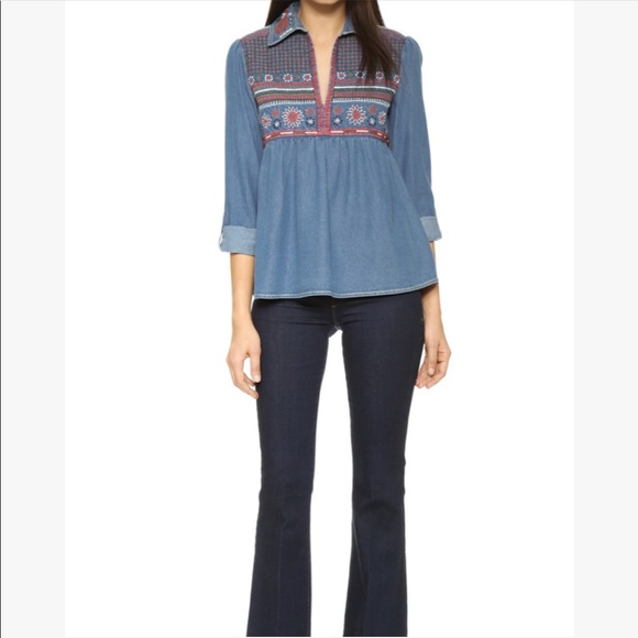 Alice + Olivia Karly Embroidered Denim Babydoll top sz: XS NWT - Picture 2 of 12